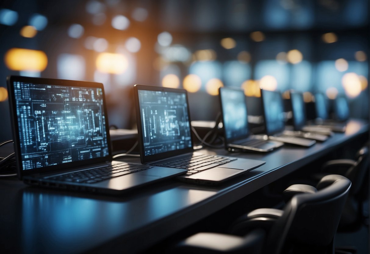 Various industries (e.g. healthcare, finance, tech) with devices (e.g. servers, laptops, smartphones) undergoing secure data erasure for sustainable IT practices