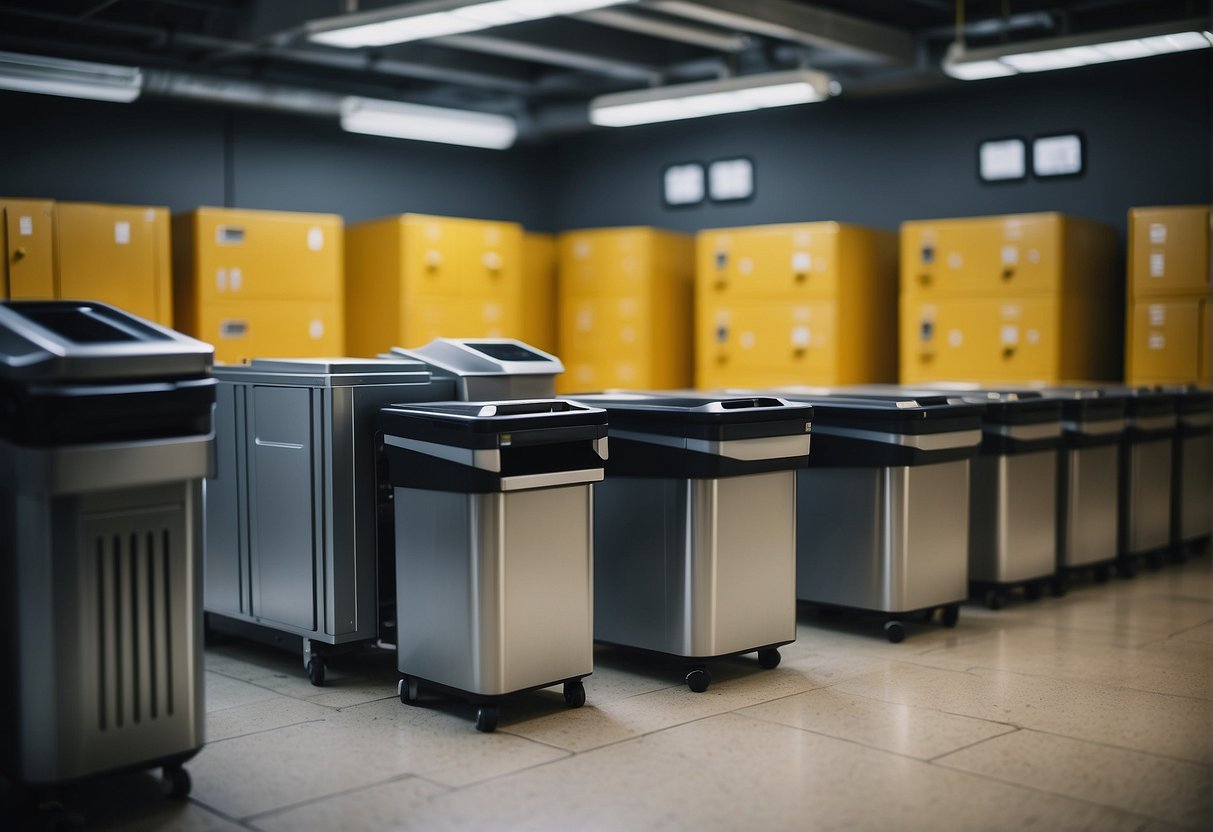 A server room with racks of data storage equipment being wiped clean, while a recycling bin sits nearby, symbolizing the sustainable practice of data erasure for corporate social responsibility