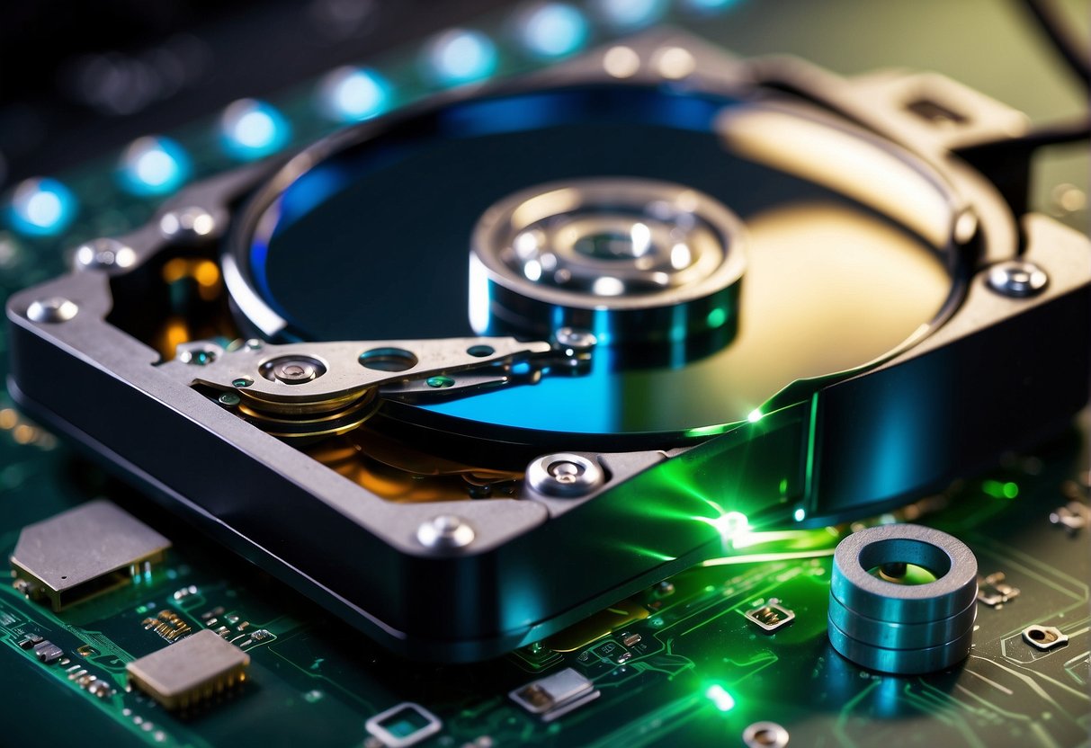 A computer hard drive being wiped clean with a secure data erasure tool, surrounded by eco-friendly technology and recycling symbols