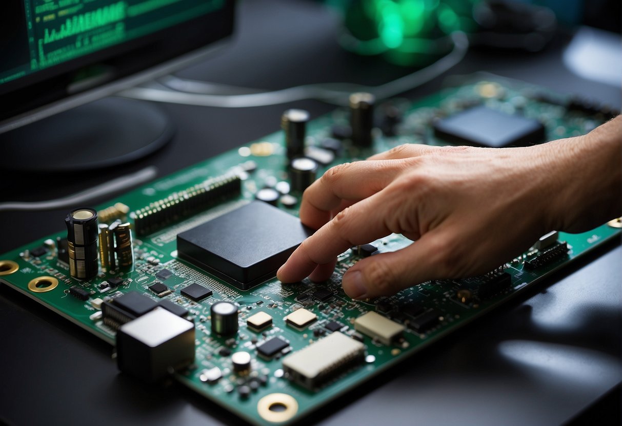 A computer being wiped clean of data, surrounded by green technology and sustainable IT components