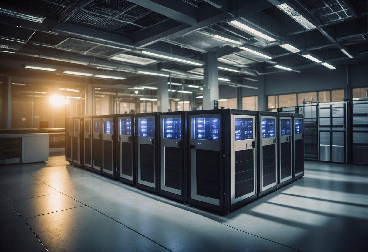 A server room with energy-efficient equipment, recycling bins, and data erasure stations. Solar panels on the roof power the space
