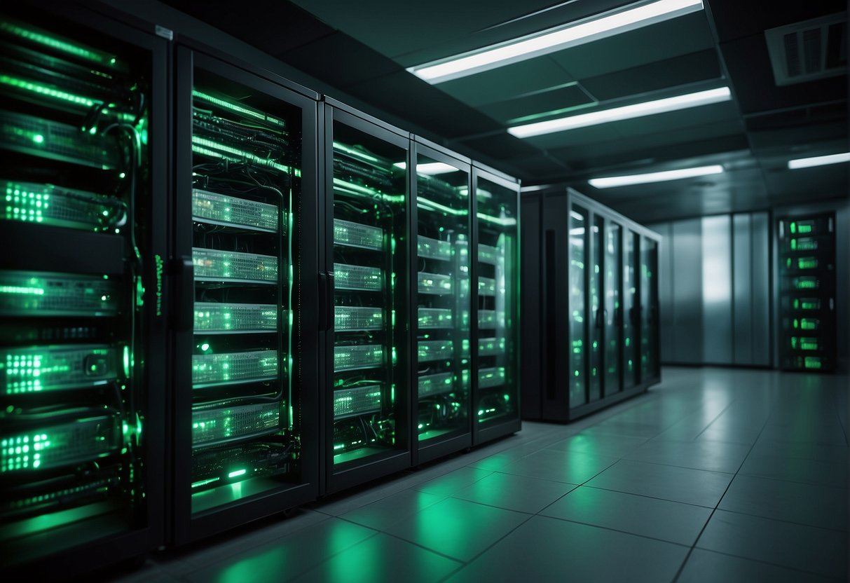A server room with energy-efficient cooling systems and data erasure equipment. Green technology integrated into sustainable IT infrastructure