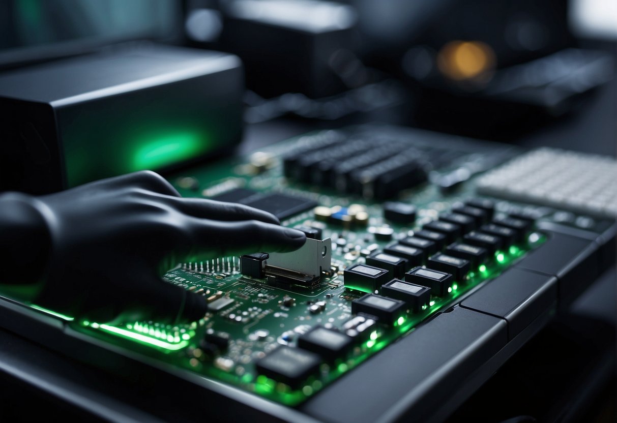 A computer being wiped clean with a green technology tool, surrounded by sustainable IT equipment