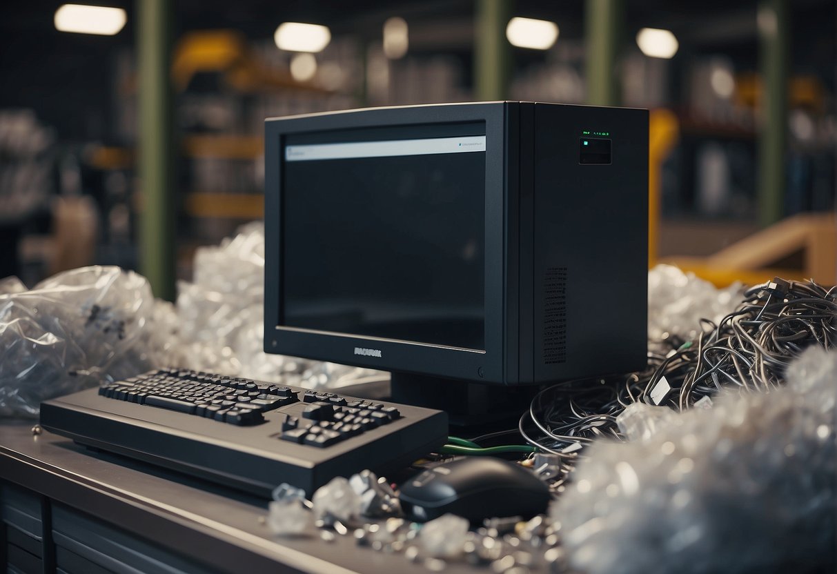 A computer being responsibly disposed of in a recycling facility, with data being securely erased and the components being separated for recycling