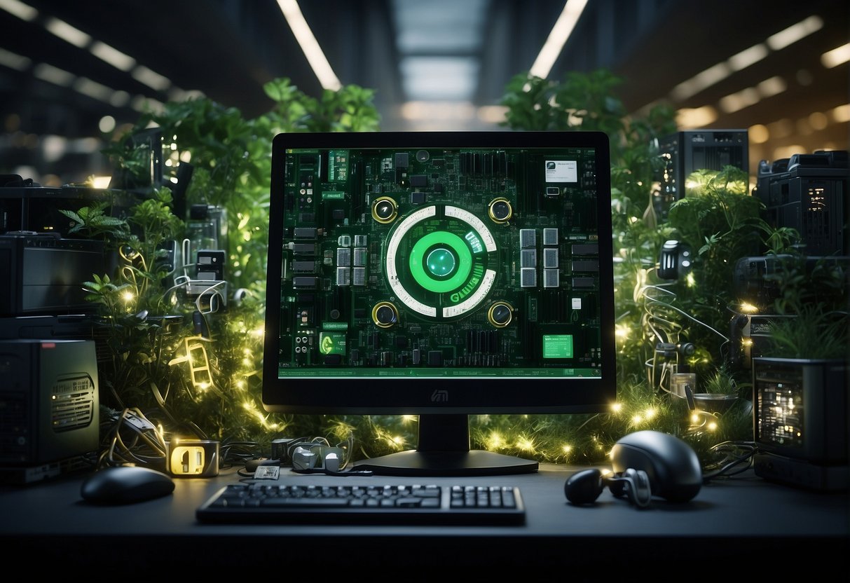 A computer being securely wiped, surrounded by symbols of sustainability and green technology
