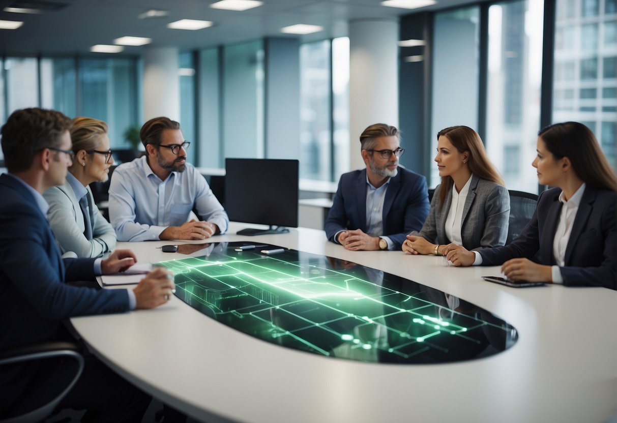 A group of stakeholders discussing sustainable IT, data erasure, and green technology in a modern office setting