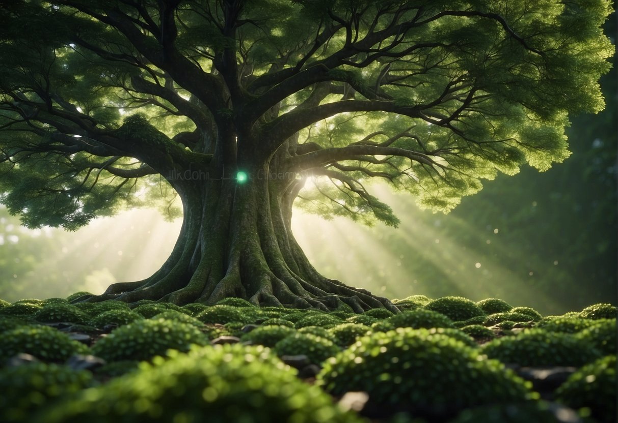 A lush forest with a towering tree symbolizing sustainable IT, surrounded by data erasure symbols and green technology icons, representing emerging trends and future directions