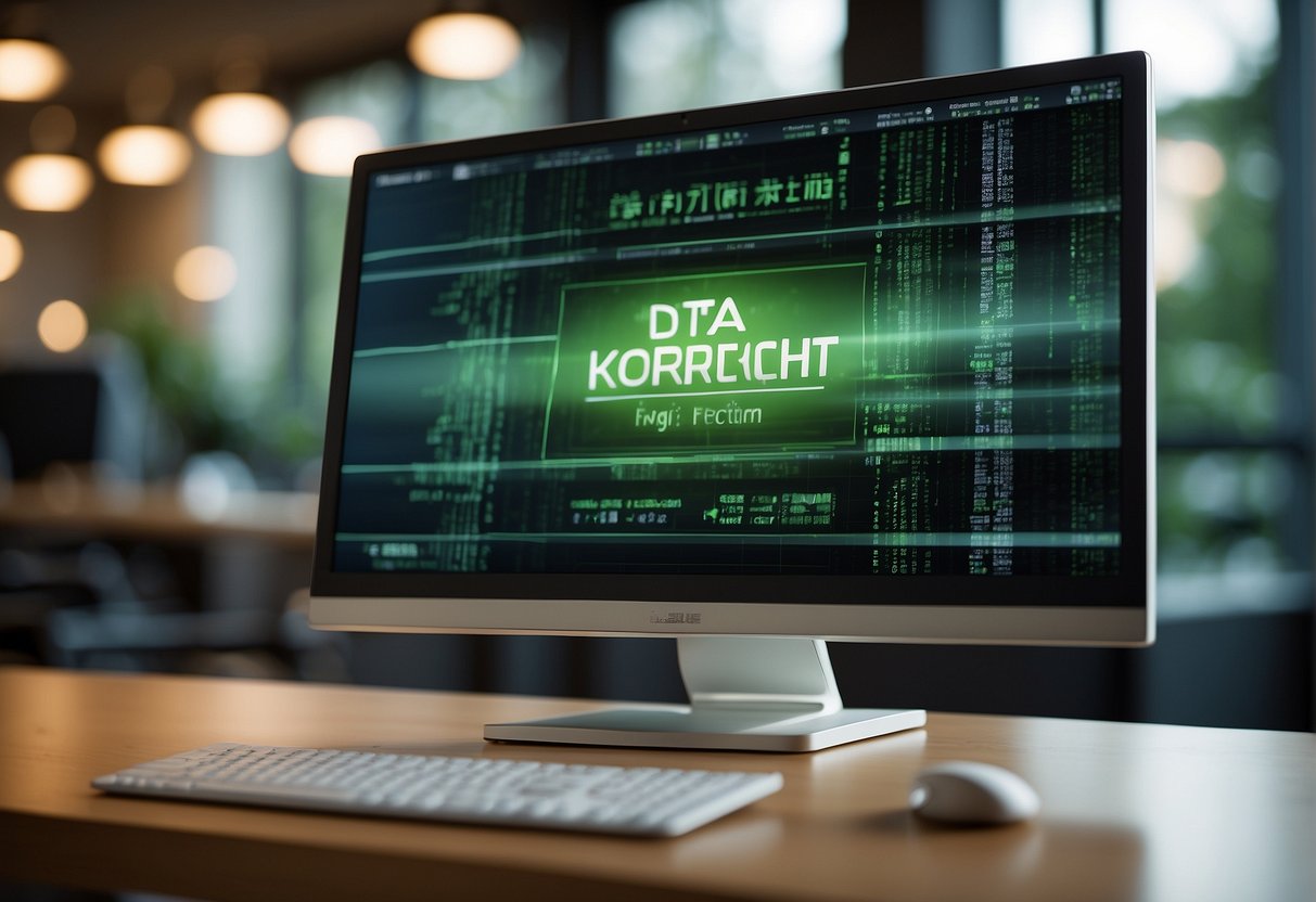 A computer monitor displaying "Frequently Asked Questions Keywords: sustainable IT, data erasure, green technology" with a background of eco-friendly imagery