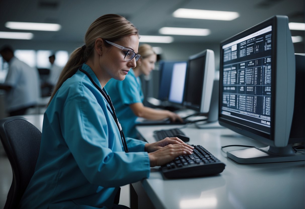 A healthcare worker scans a barcode on a computer, ensuring data erasure compliance. Servers hum in the background, while security measures are visibly in place