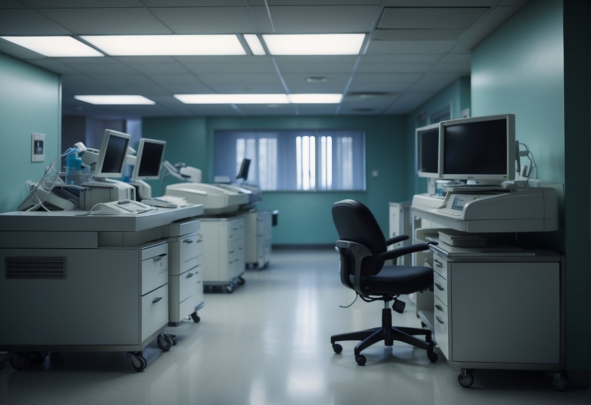A hospital room with a computer system being wiped clean, surrounded by medical equipment and files. A sign on the wall reads "Data Erasure Compliance."