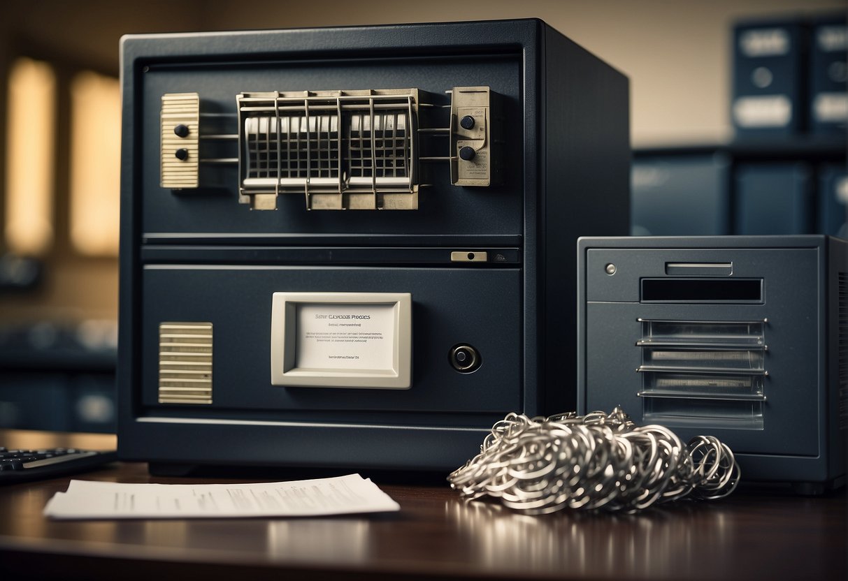 A secure data erasure process is depicted with a locked file cabinet, a shredder, and a computer screen showing compliance checks