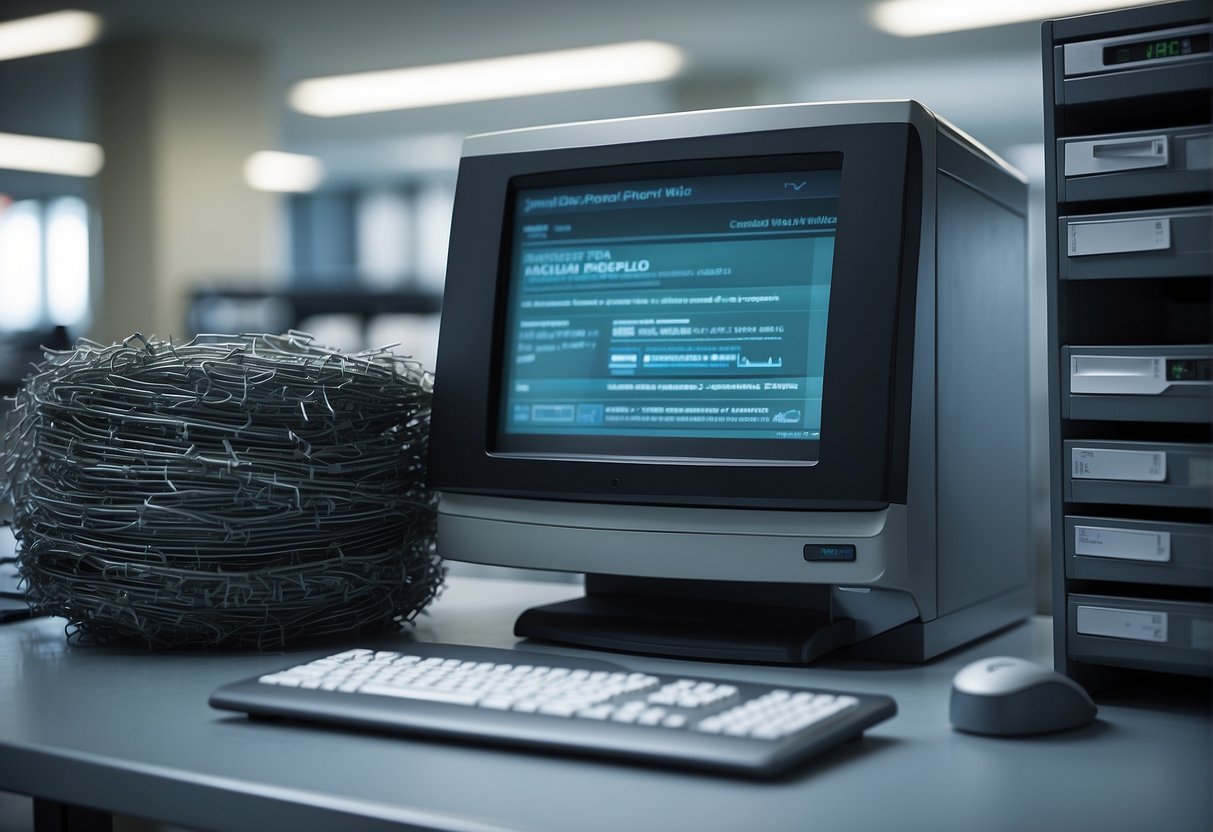A secure data erasure process in a healthcare setting, with a computer screen displaying compliance measures, a locked filing cabinet, and a shredder in the background