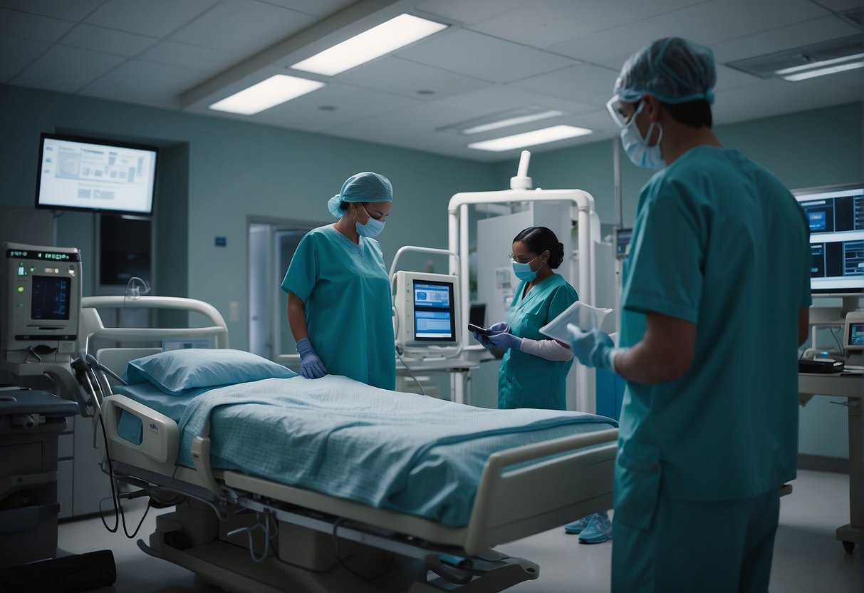 A hospital room with a computer system being securely wiped clean, surrounded by medical equipment and healthcare professionals monitoring the process