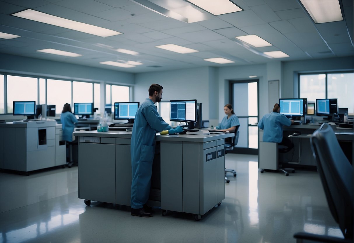 A healthcare facility with staff ensuring data erasure compliance. Computers being wiped clean and secure data disposal procedures being followed