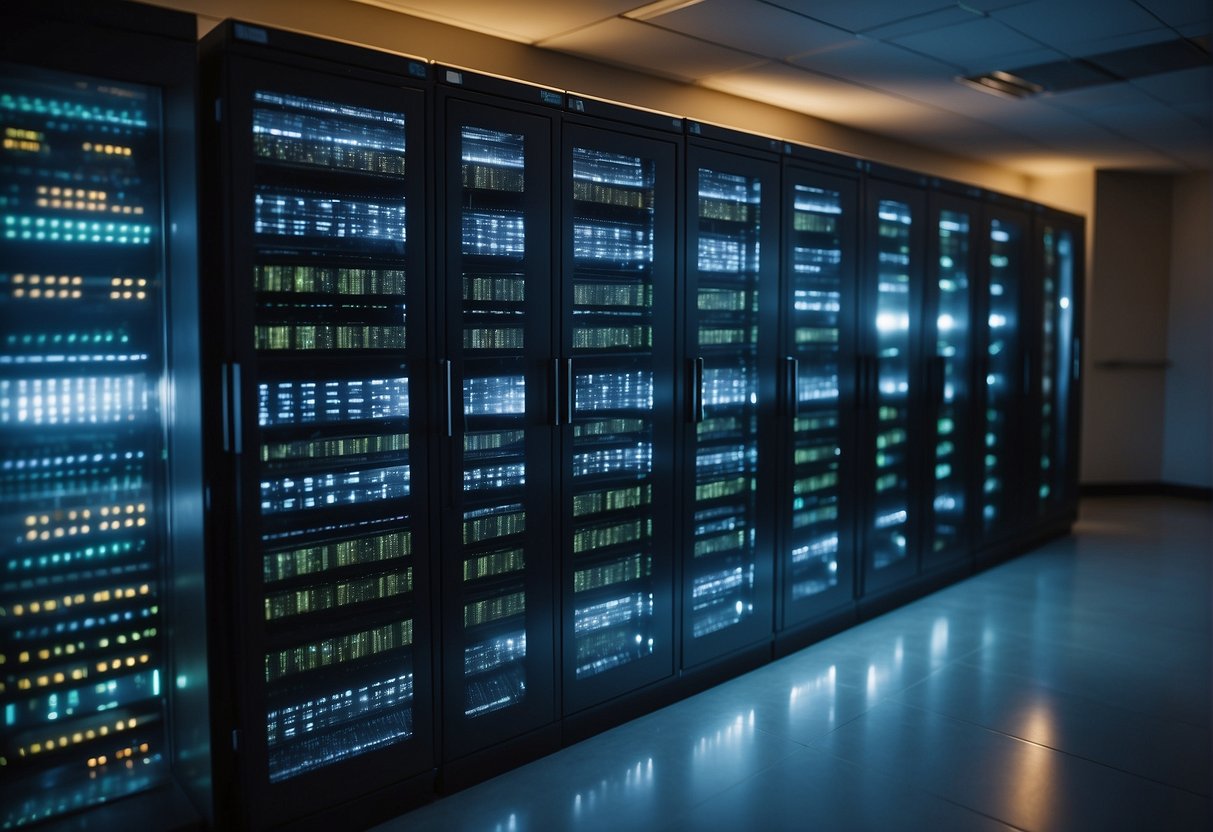 A secure server room with locked cabinets, encrypted devices, and data erasure logs displayed, ensuring HIPAA compliance for healthcare data security