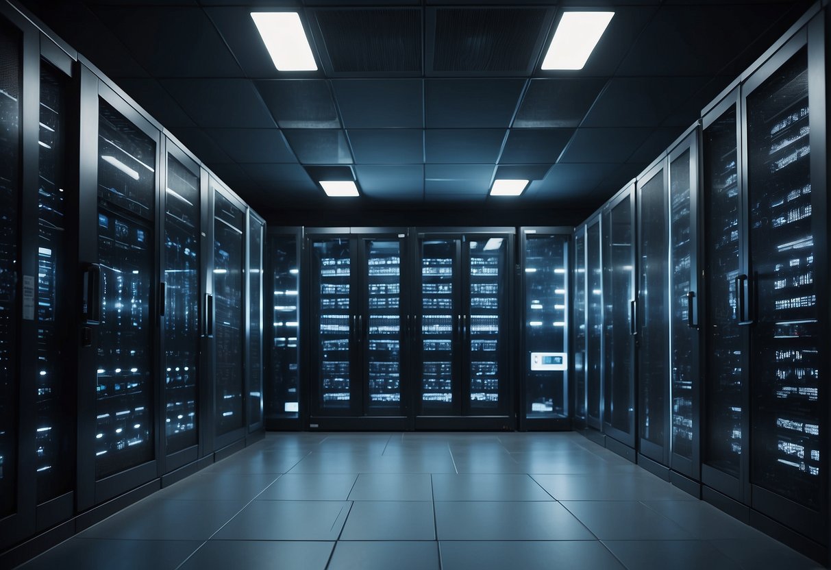 A secure server room with locked cabinets, encryption software, and strict access control measures. No human subjects or body parts included