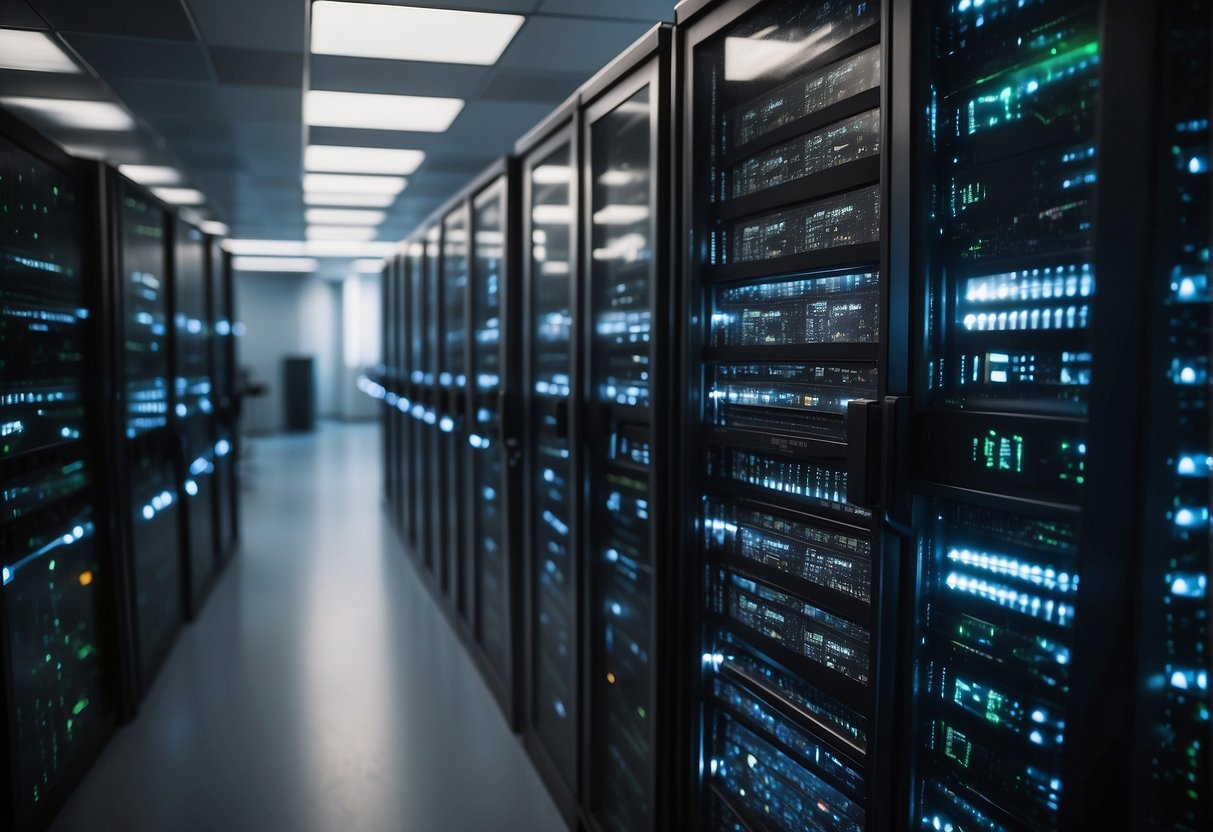 A secure server room with locked cabinets, encrypted devices, and monitored access points, all compliant with healthcare data security and HIPAA regulations