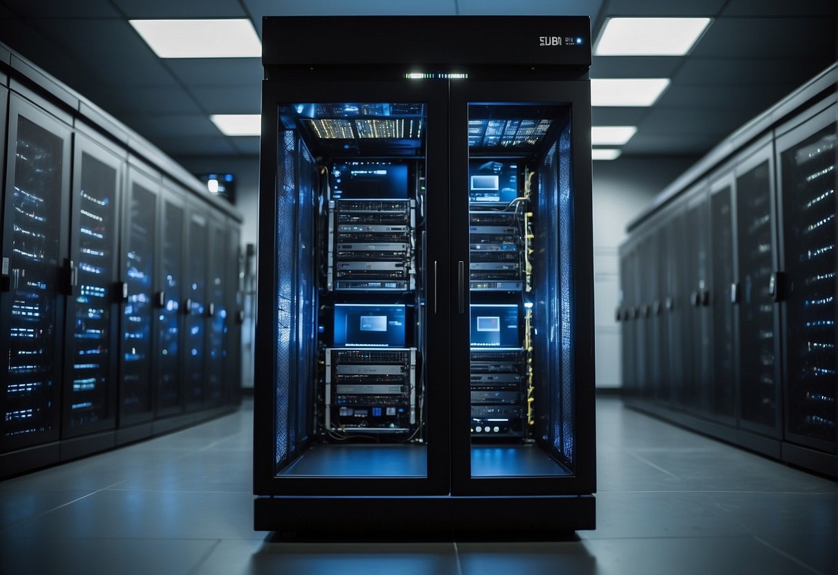 A secure server room with locked cabinets, encrypted devices, and monitored access, ensuring ePHI data security and HIPAA compliance