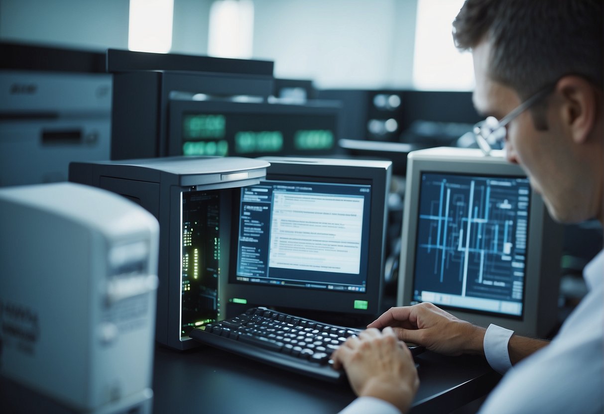 A technician erases sensitive healthcare data from a computer, ensuring HIPAA compliance and data security measures