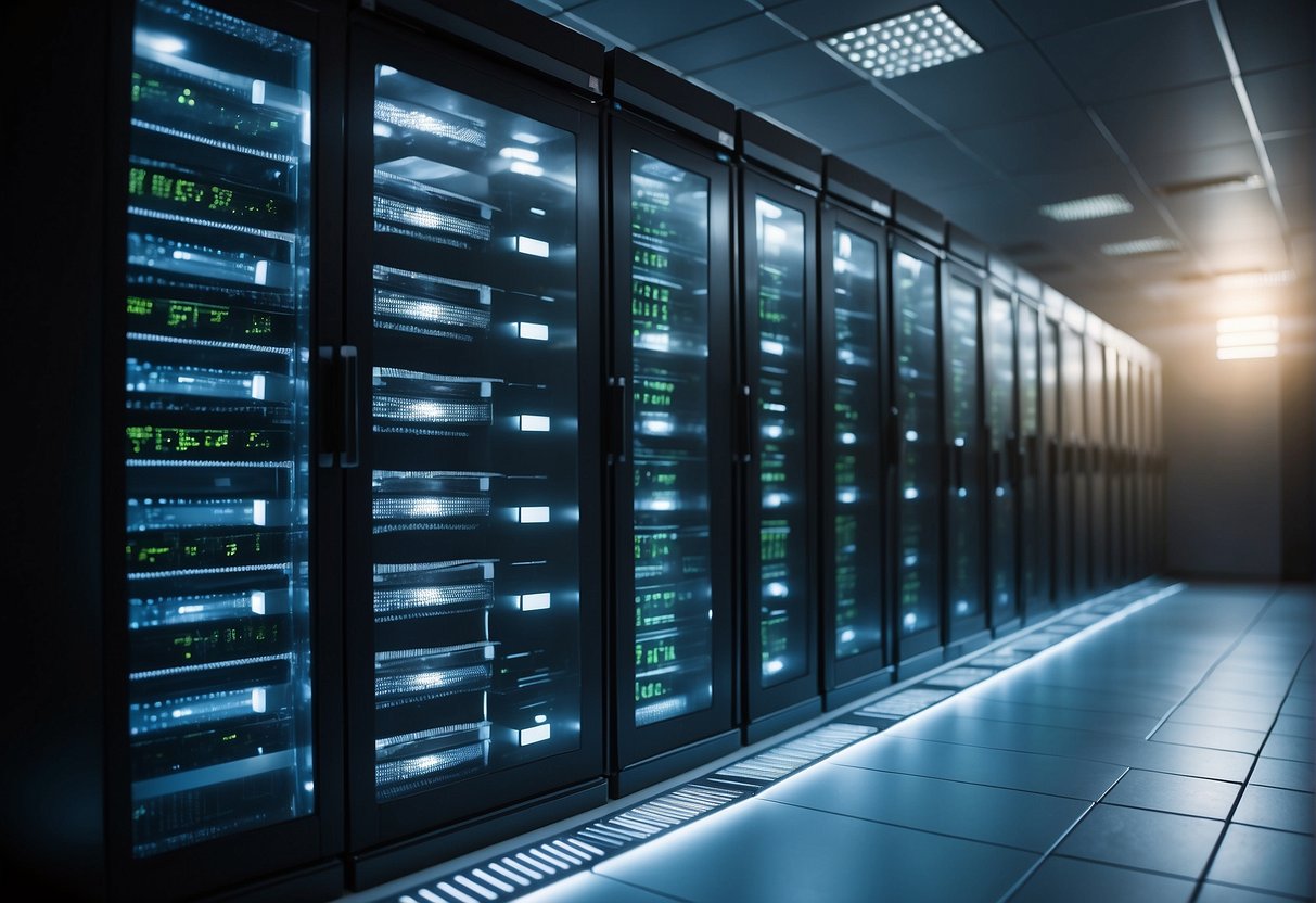 A secure server room with locked cabinets, biometric access, and encryption devices. Labels indicate HIPAA compliance and data erasure procedures