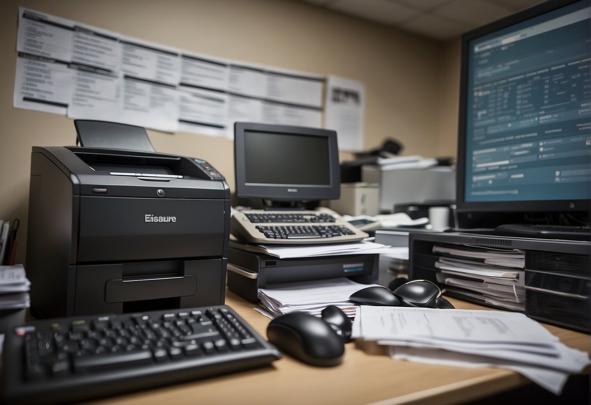 A small office with a cluttered desk, a computer, and stacks of papers. A shredder and a degausser are visible, with a sign reading "Data Erasure Solutions for SMEs" on the wall