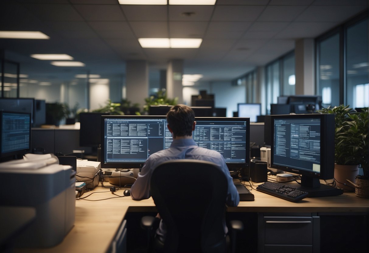 A small business office with computers being wiped clean by data erasure software. The employees are implementing strategies for secure data erasure