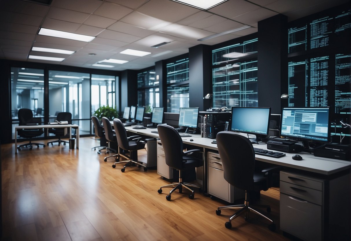 An office setting with computers and servers connected to a data erasure solution, representing technological advancement for SME growth