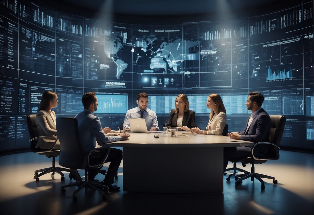 A group of SME employees engaging in data literacy training, surrounded by visual representations of data governance and erasure solutions