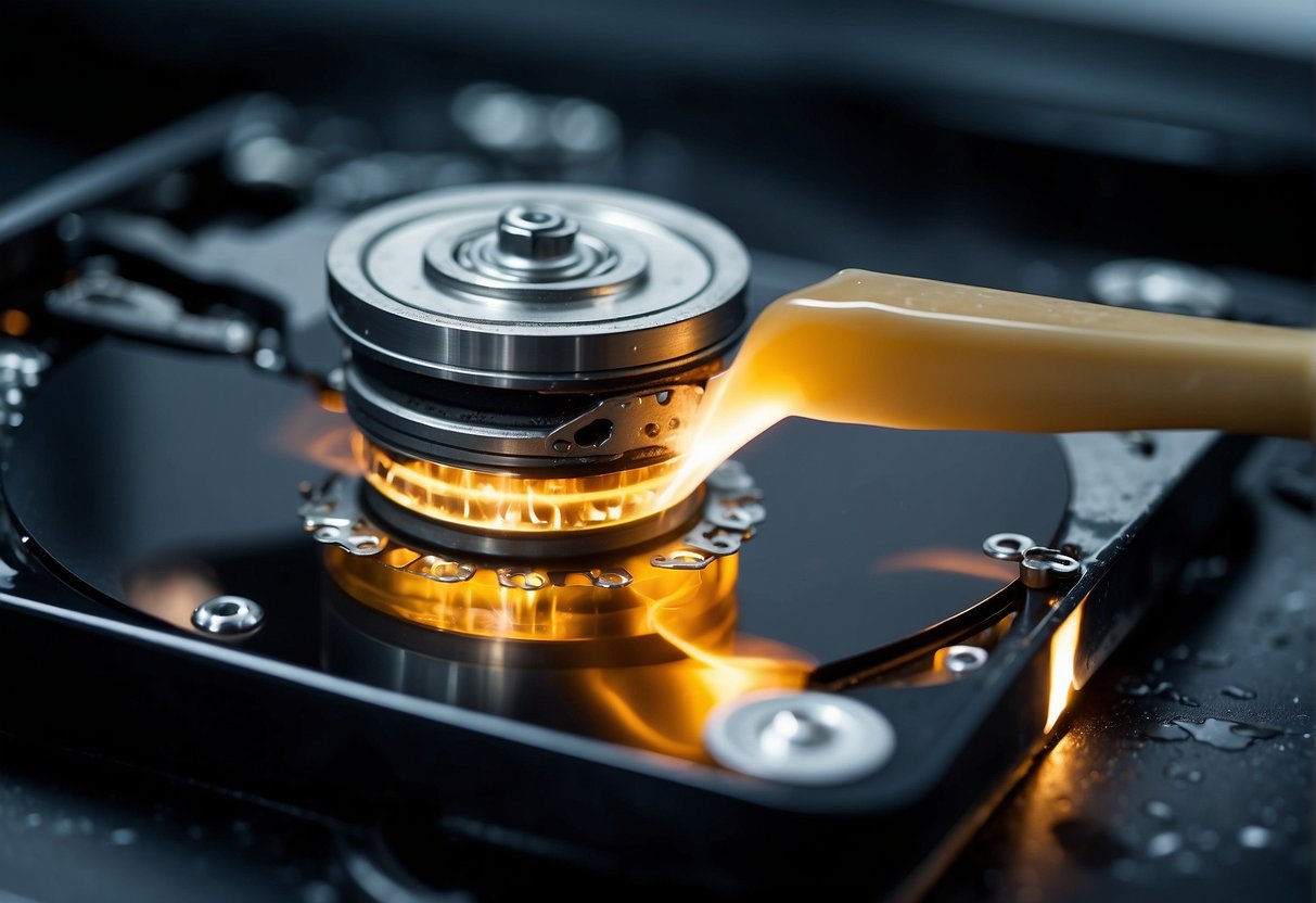 A computer hard drive being physically destroyed with a hammer and then melted down in a furnace