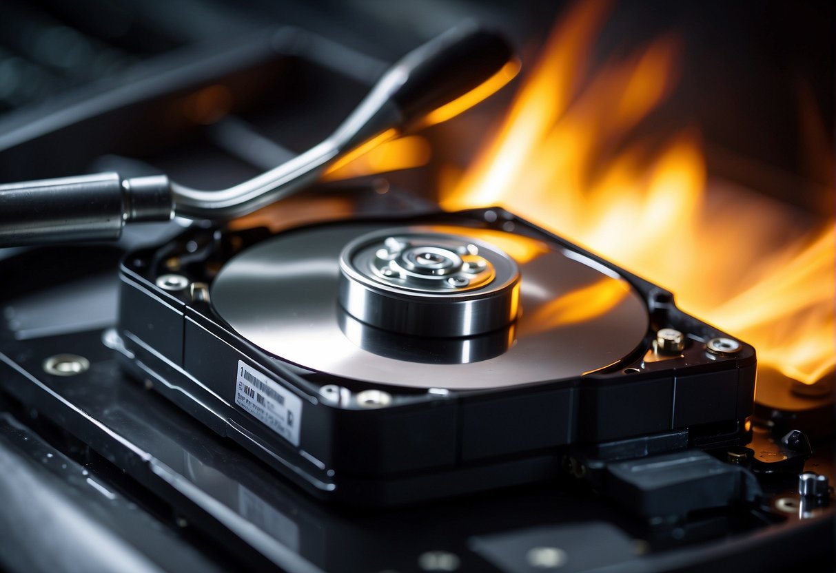 A computer hard drive being physically destroyed with a hammer and then melted down in a furnace to ensure complete data erasure