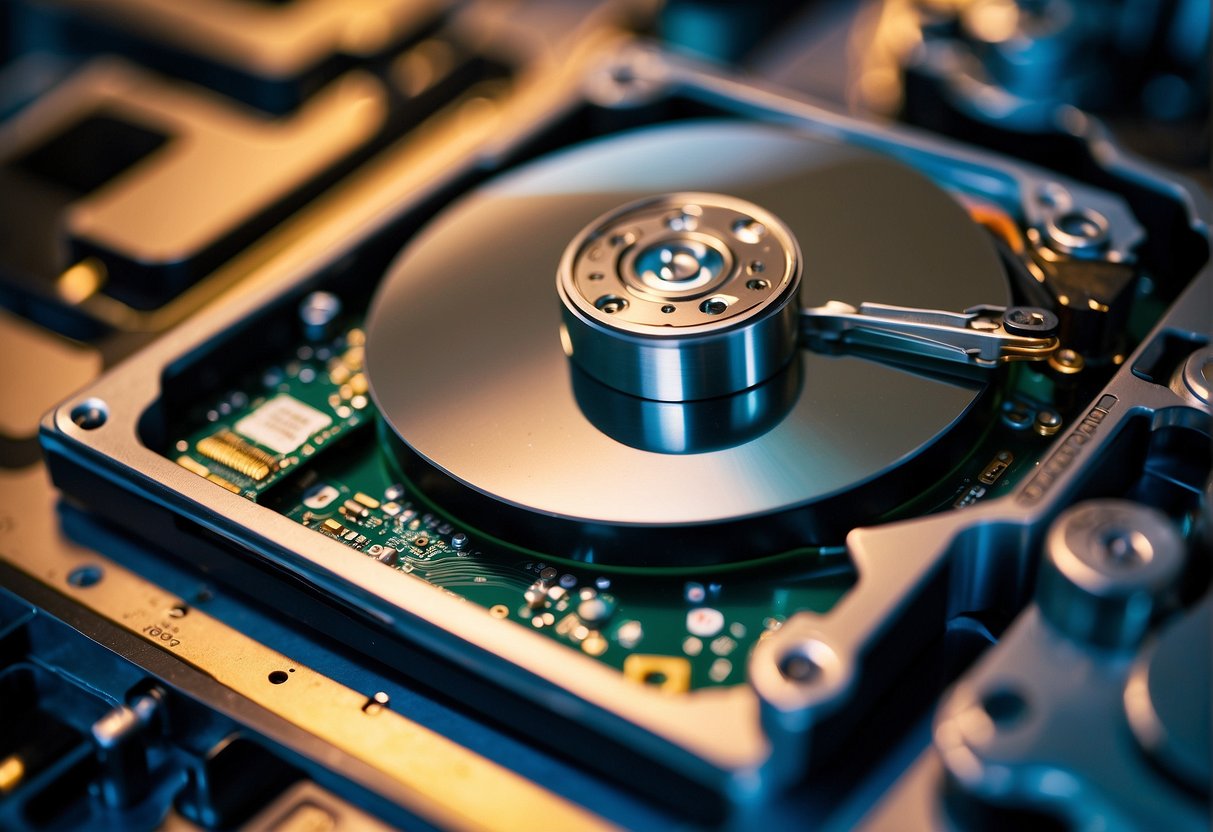 A computer hard drive being overwritten multiple times with complex patterns of data erasure techniques