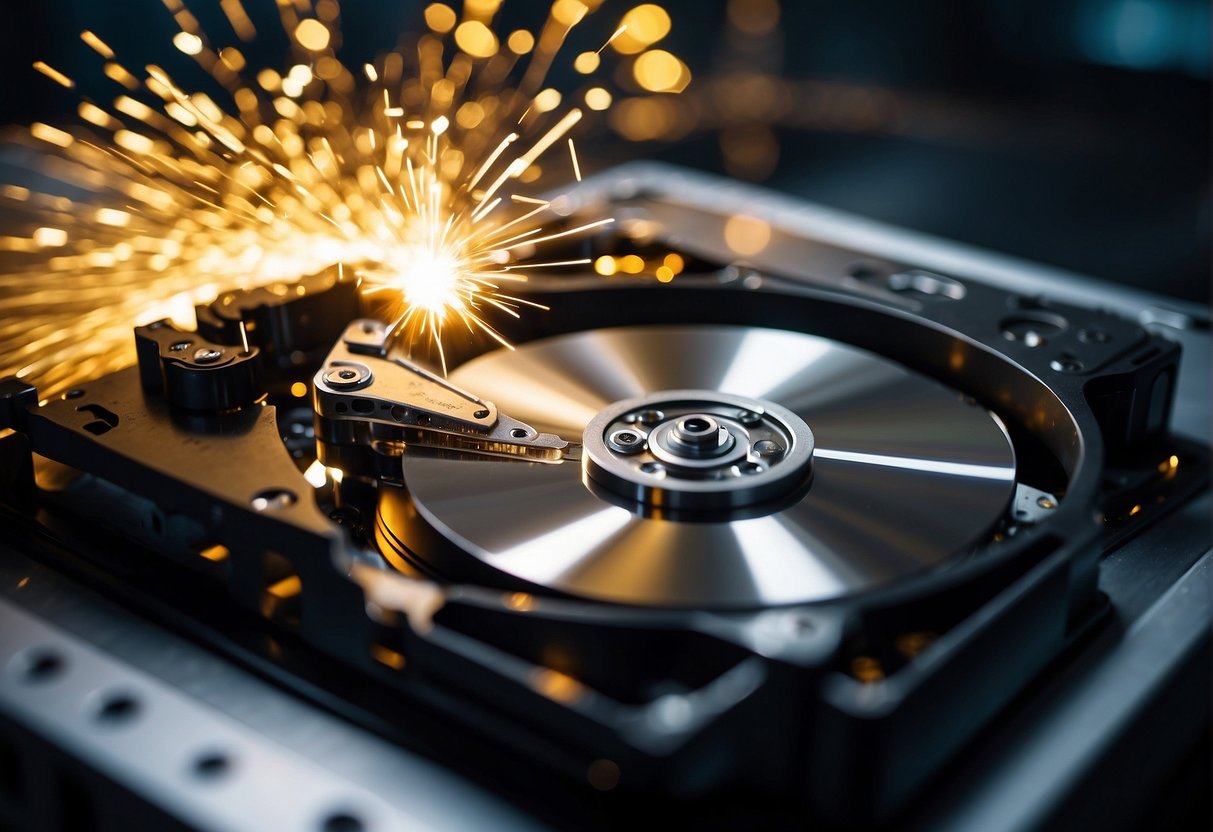 A computer hard drive being physically shredded into pieces by a powerful machine