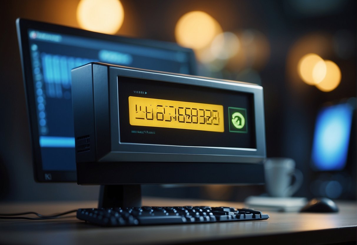 A computer screen displaying a progress bar for data erasure, with a lock icon symbolizing security and certification. An external hard drive connected to the computer, with a flashing light indicating data verification