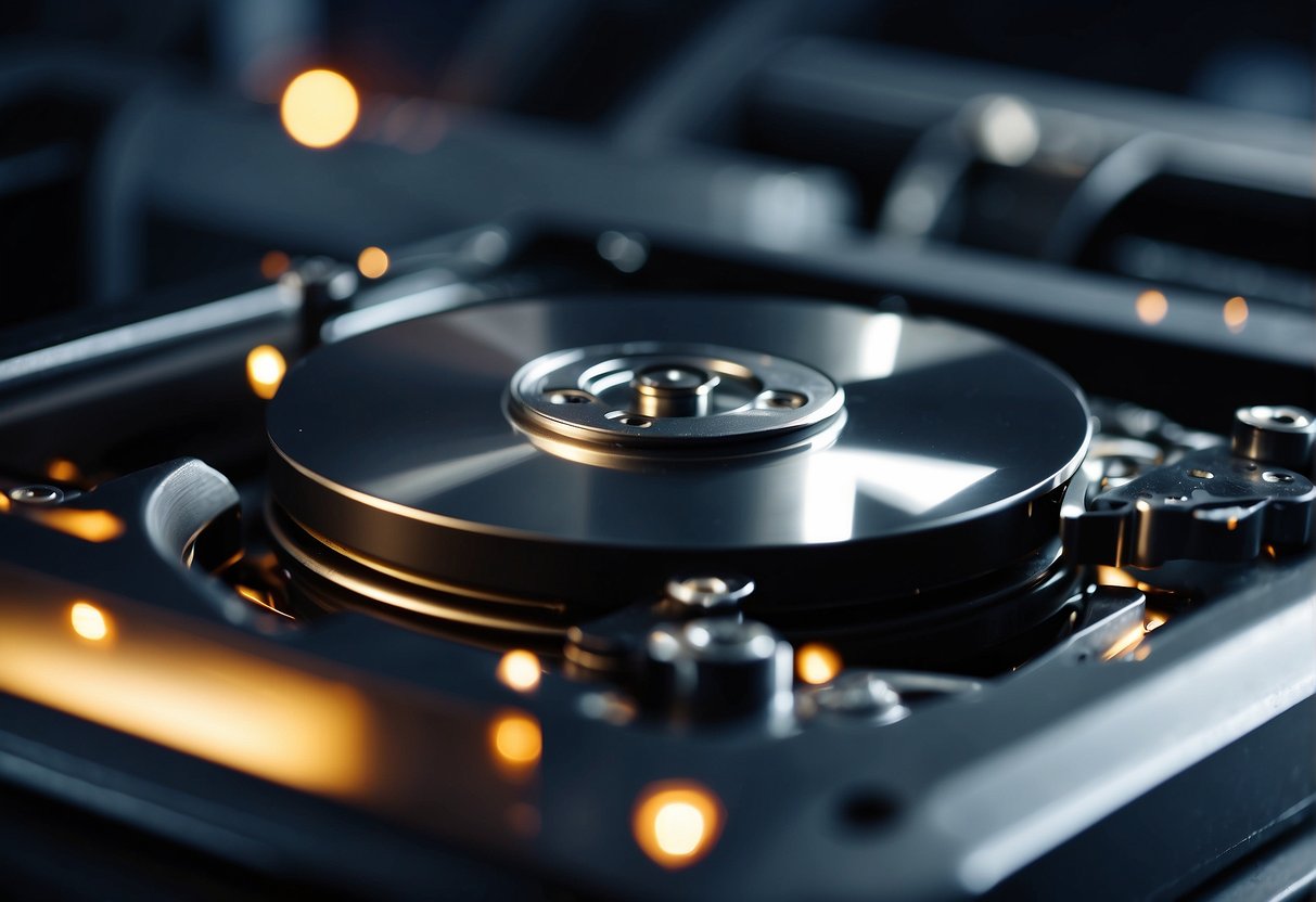 A computer hard drive being physically destroyed by a powerful industrial shredder, with metal shards flying and the drive being reduced to small pieces