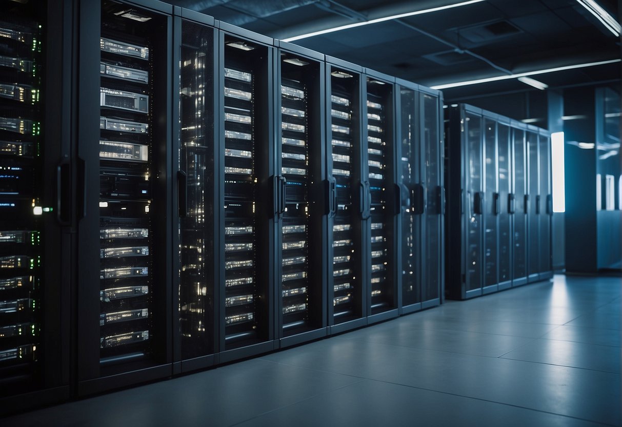 A secure data center with advanced erasure techniques in action, including encryption, degaussing, and physical destruction of storage devices