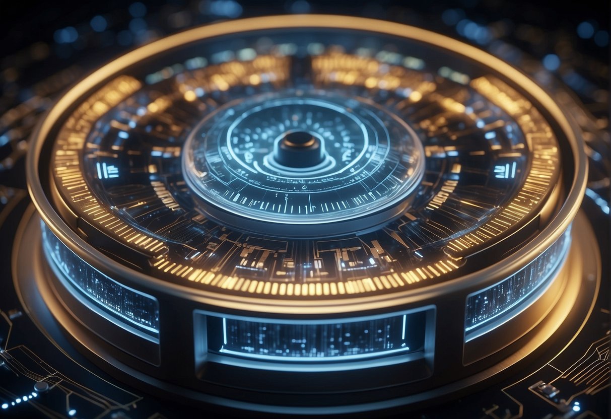 A futuristic data erasure machine emits a pulsating energy field, surrounded by swirling digital particles. Advanced technology is depicted in the background