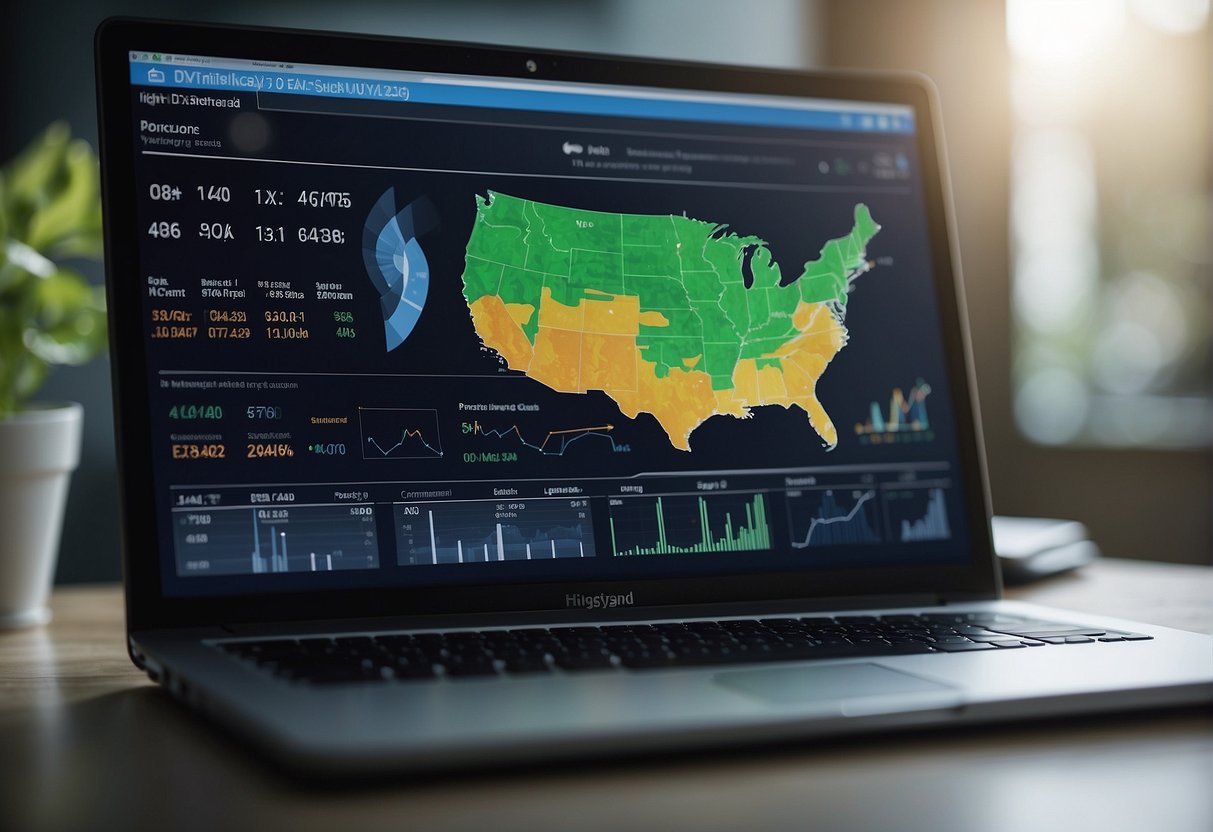 A computer screen displays data erasure software improving corporate ESG scores. Graphs show environmental, social, and governance metrics rising