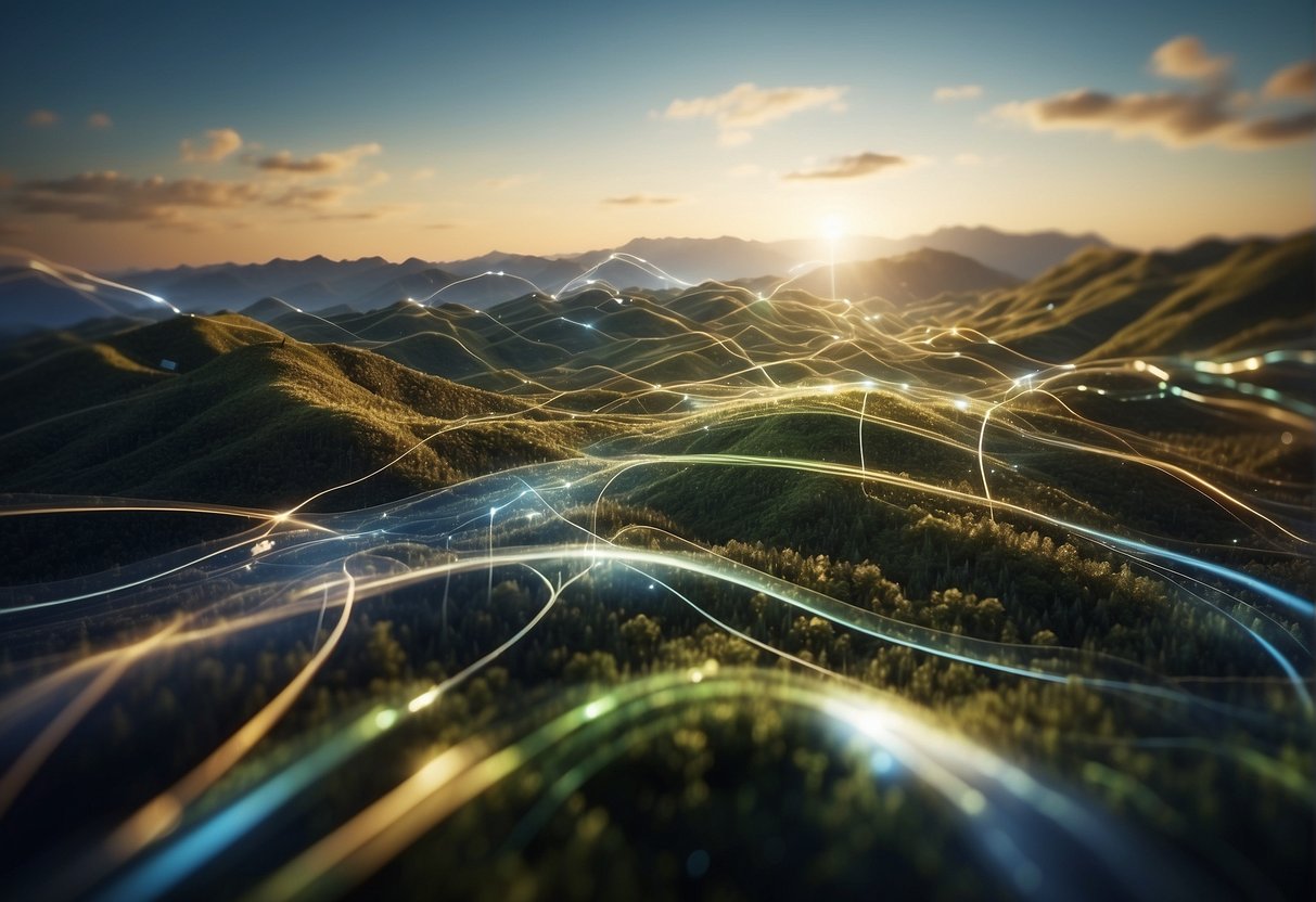 A digital landscape with ESG and data erasure software merging, symbolizing enhanced corporate ESG scores