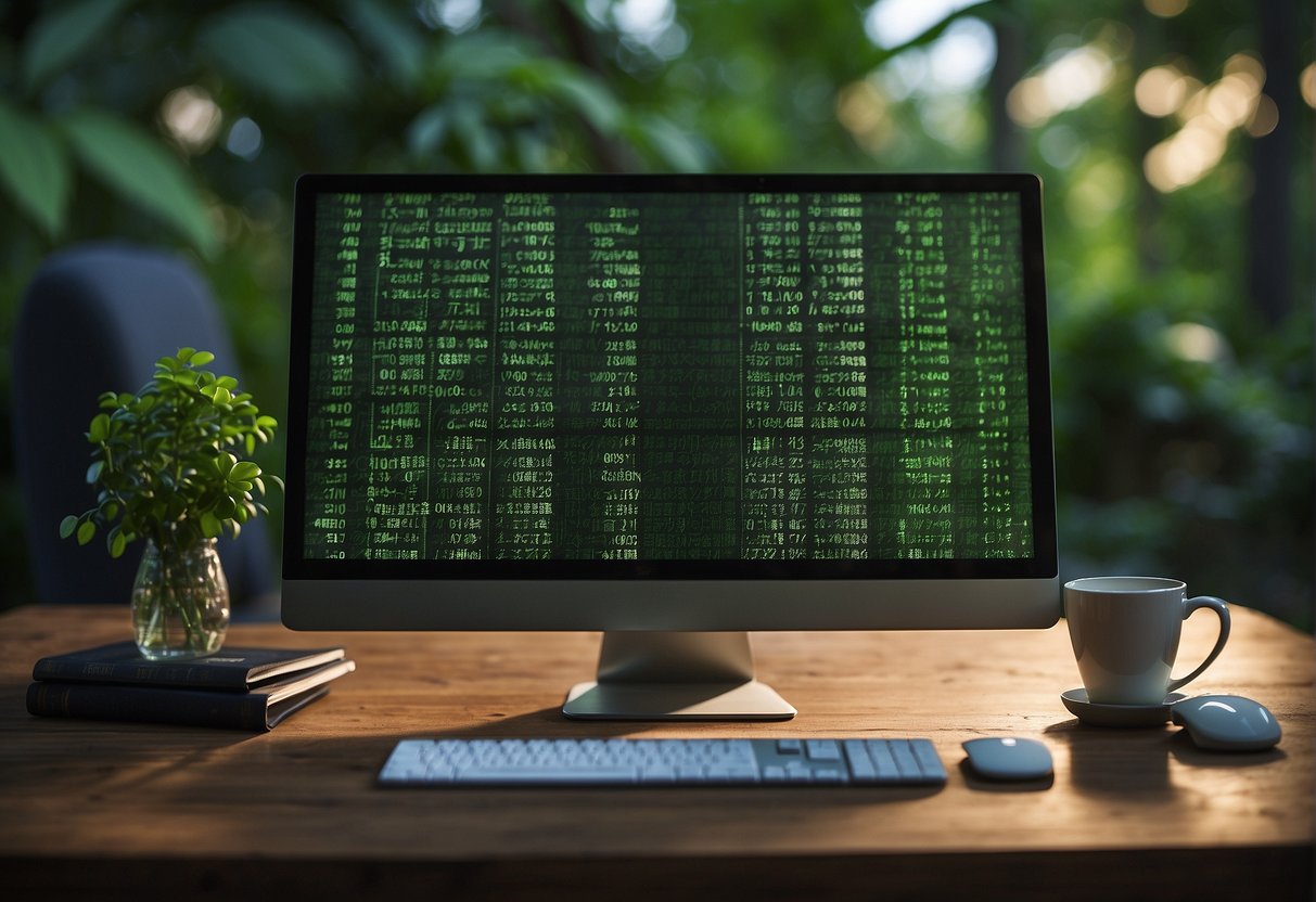 A computer monitor displays data erasure software deleting files, surrounded by green sustainability symbols