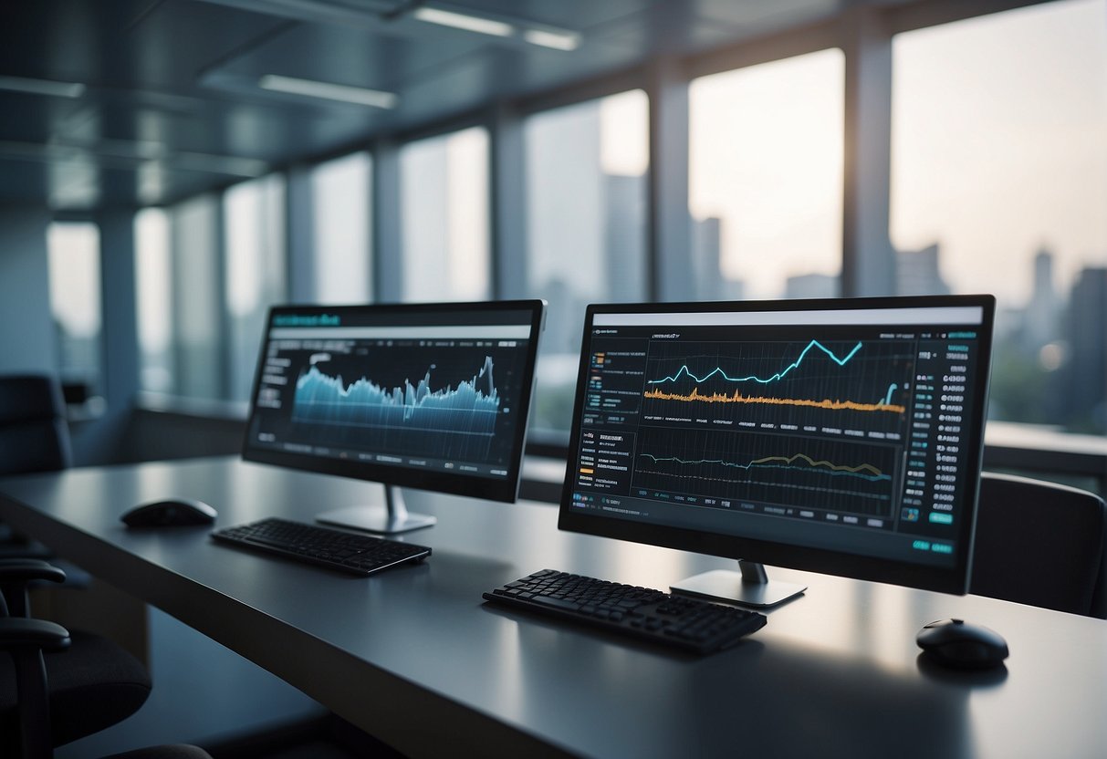 A computer screen displays a graph showing improved ESG scores. Data erasure software logo is prominent. The background is a modern office setting with subtle technology elements