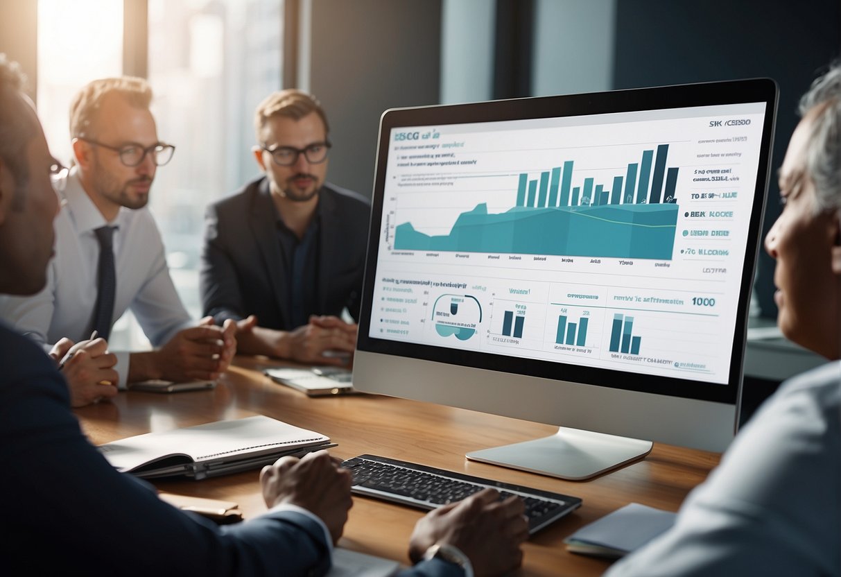 A diverse group of stakeholders discussing ESG data erasure software's impact on corporate scores. Charts and graphs illustrate the demand for ESG information