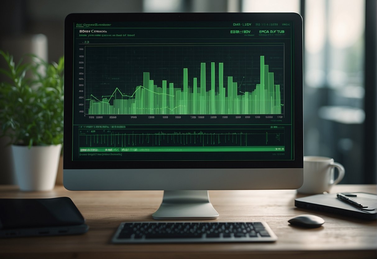 A computer screen displaying a data erasure software interface with a progress bar showing files being securely deleted, while a green ESG score graph in the background rises steadily