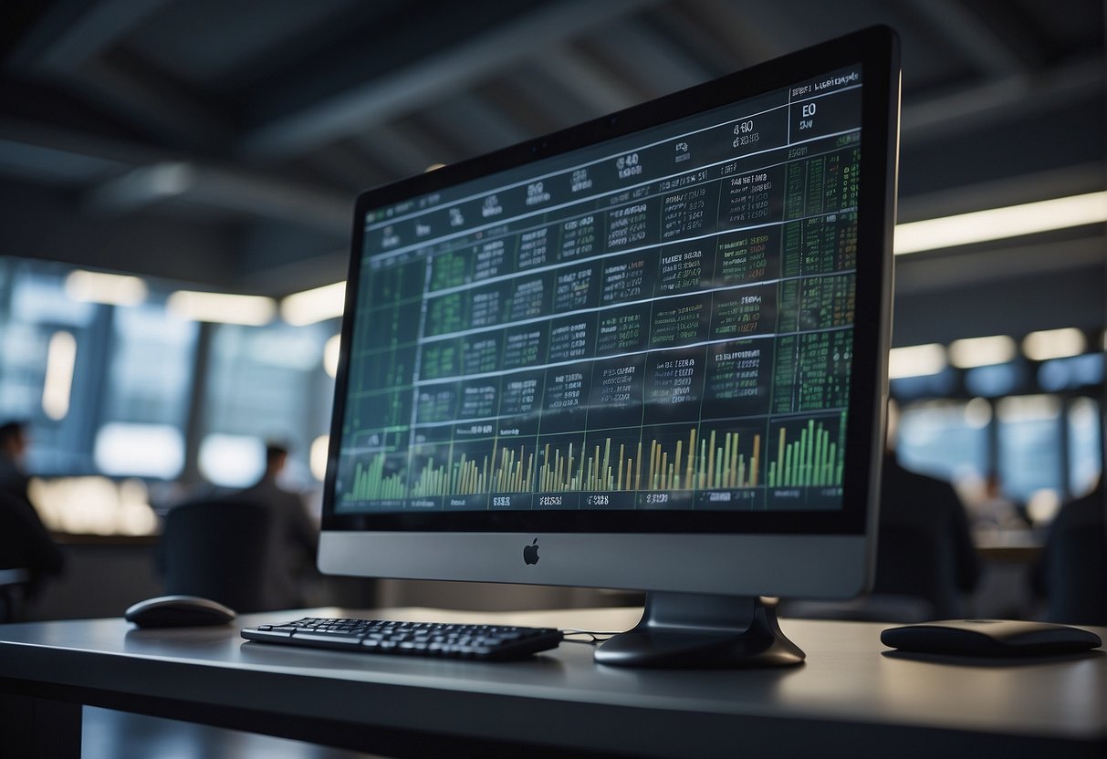 A computer screen displays ESG scores rising after data erasure software implementation, symbolizing corporate sustainability