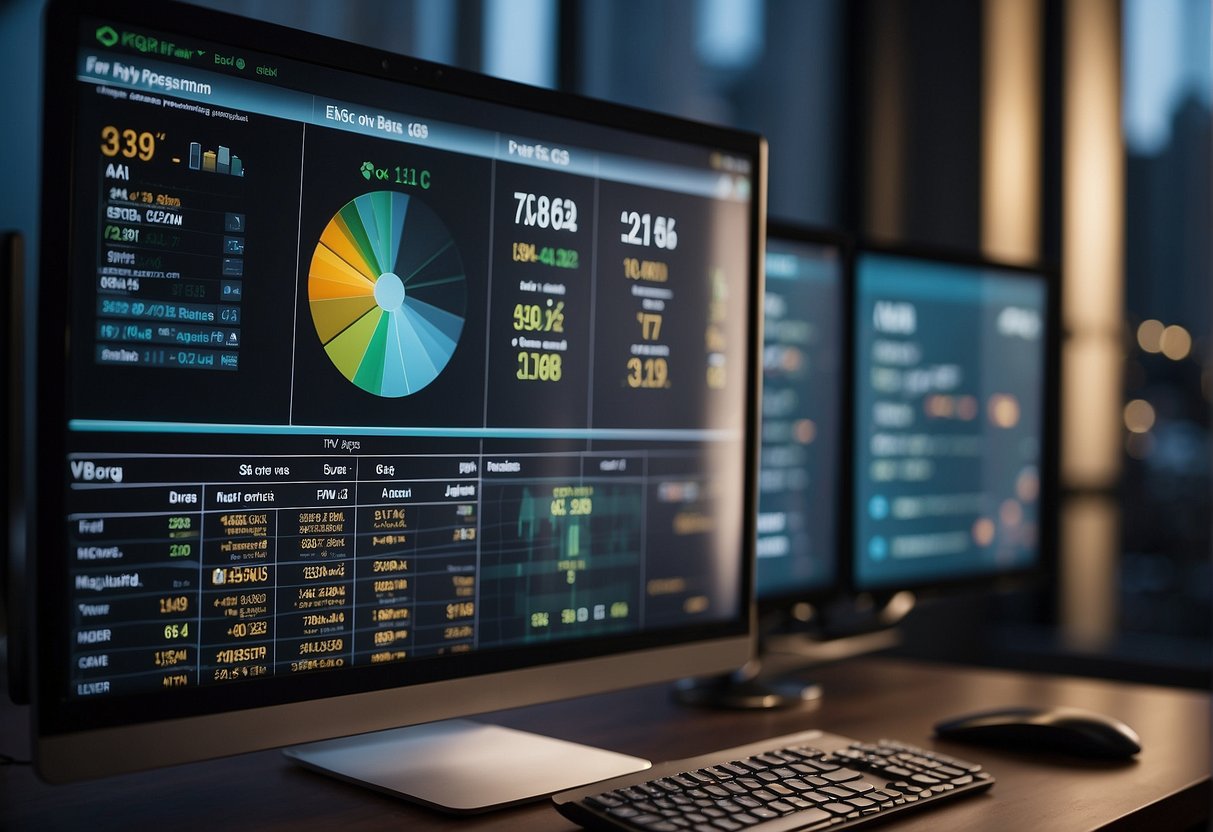 A computer screen displays ESG scores and data erasure software, symbolizing corporate sustainability