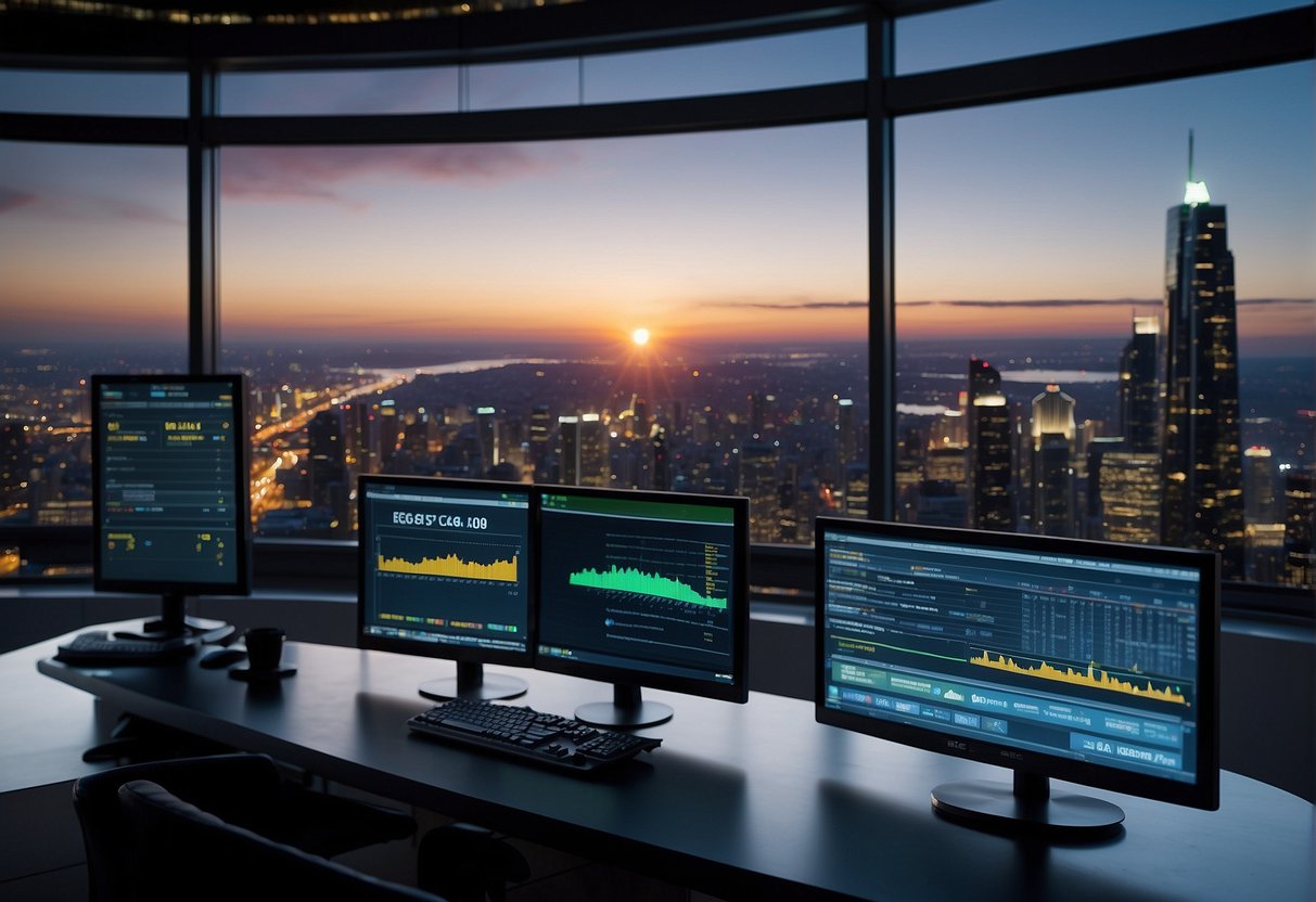 A computer screen displays ESG scores and data erasure software, highlighting corporate sustainability challenges and opportunities