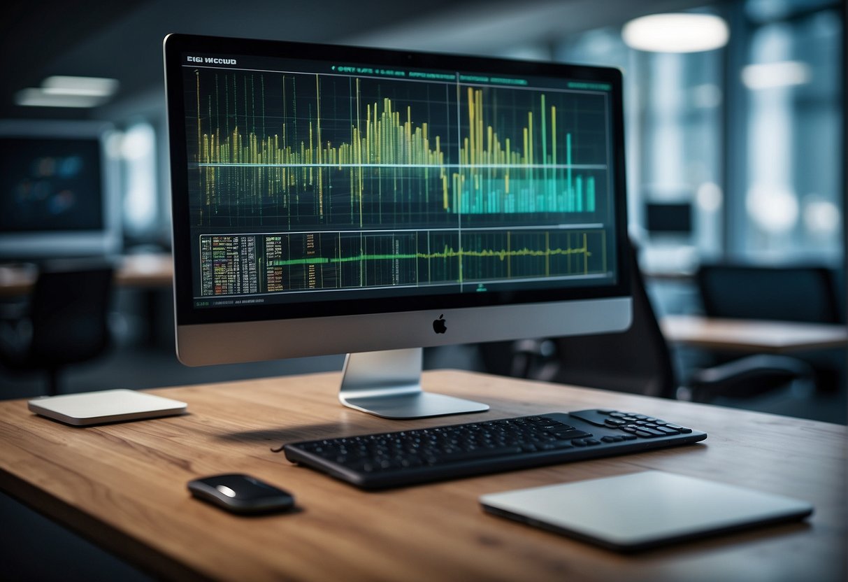 A computer screen displays ESG scores while data erasure software runs in the background, highlighting the role of technology in corporate sustainability