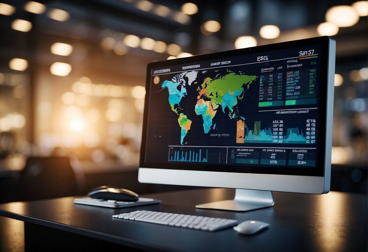 A computer screen displays ESG scores alongside data erasure software and corporate sustainability keywords