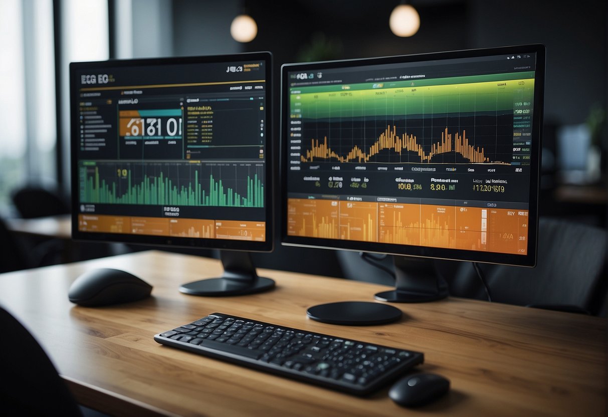 A computer screen displays ESG scores and data erasure software, alongside corporate sustainability keywords