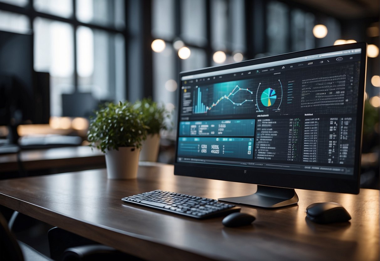 A computer screen displays high ESG scores, with data erasure software and sustainability initiatives highlighted
