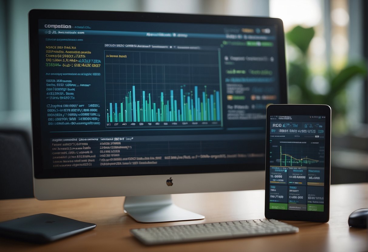 A computer screen displaying ESG scores, data erasure software, and corporate sustainability keywords